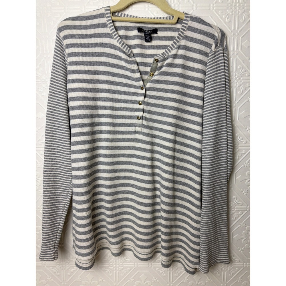 Chaps Womens Henley Top XL 100% Cotton Knit Ribbed White Gray Comfort Granola
